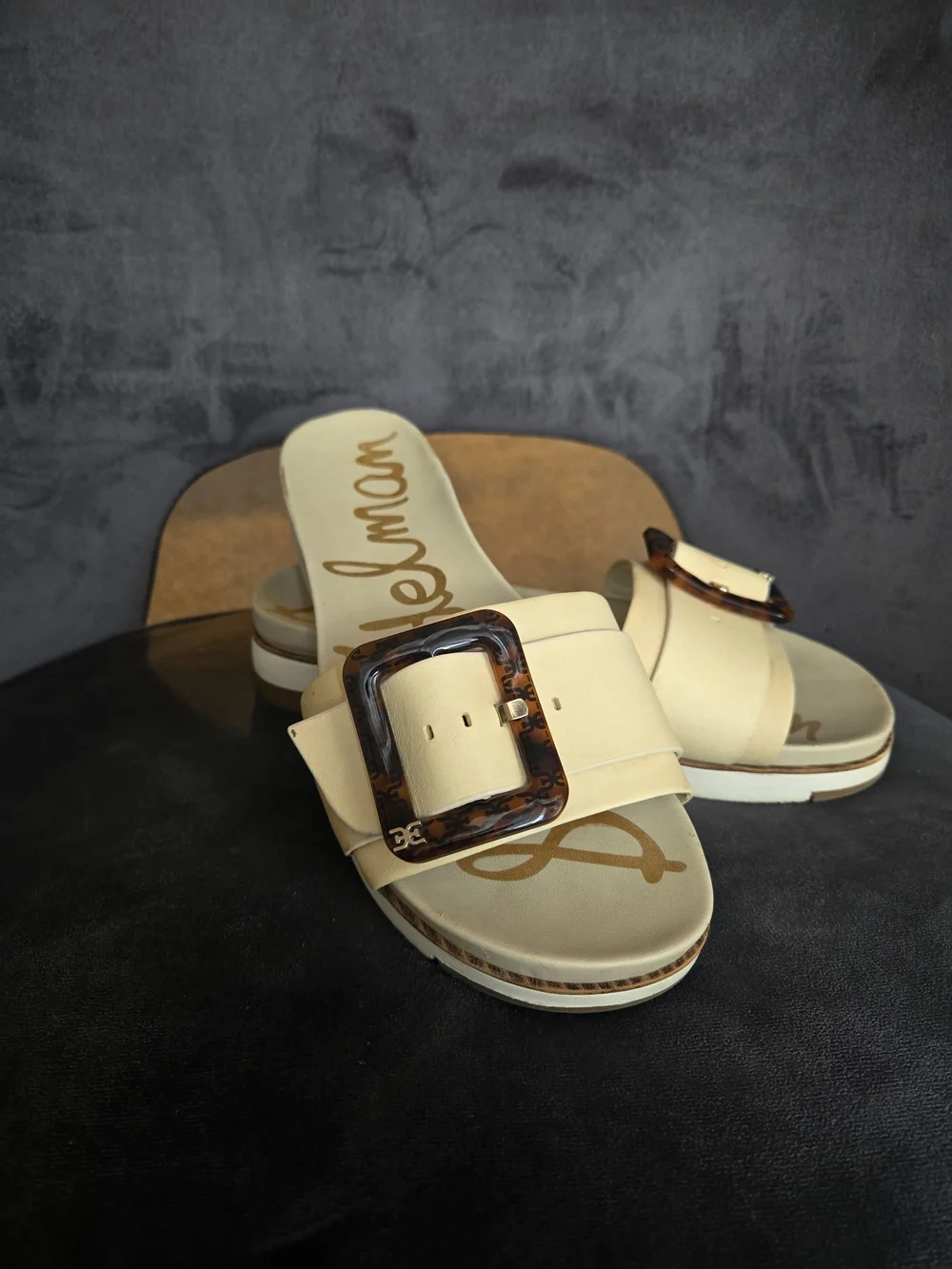 Sam Edelman Cream Slide Sandals with Tortoiseshell Buckle Accent
